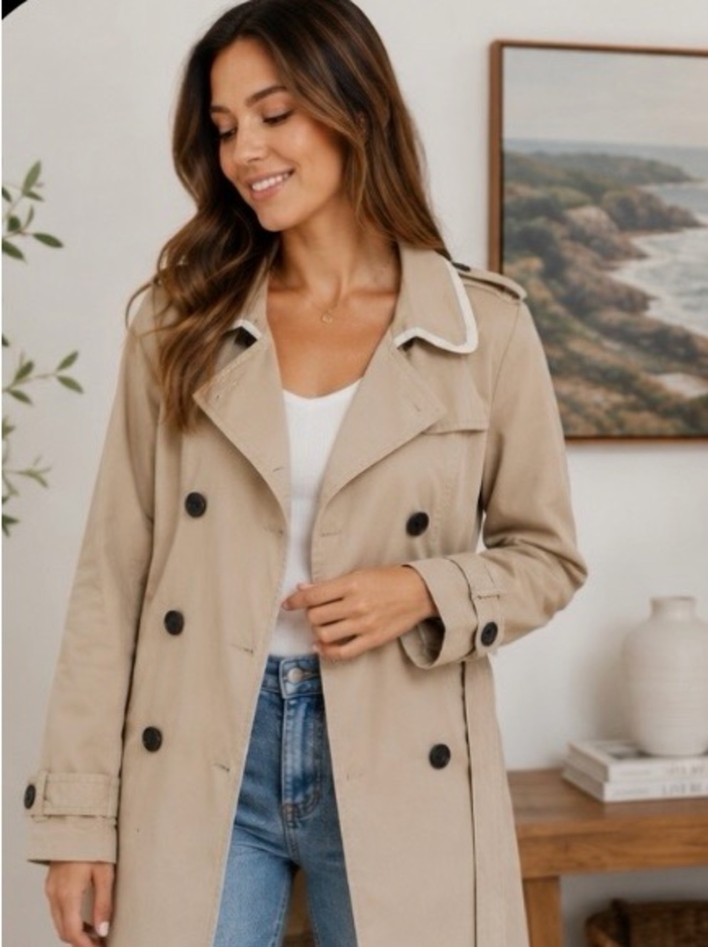 GAP Double Breasted Trench Coat Beige Khaki Belted Minimalist Jacket Small - Picture 2 of 6